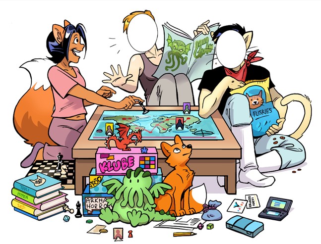 Tuuli Hypénin piirtämä tintamareski, jossa Nanna-sarjakuvan hahmot pelaavat lautapeliä.
